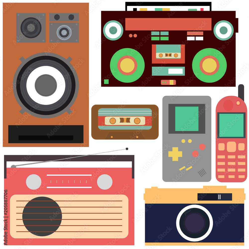 Retro collection: mobile phone, radio, tetris, speaker, tape recorder, cassette, camera. Vector illustration Retro collection: mobile phone, radio, tetris, speaker, tape recorder, cassette, camera. Vector illustration