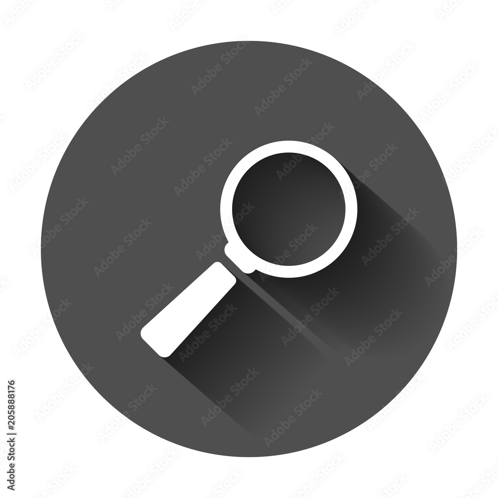 Magnifying glass vector icon in flat style. Search magnifier illustration with long shadow. Find search business concept. Magnifying glass vector icon in flat style. Search magnifier illustration with long shadow. Find search business concept.