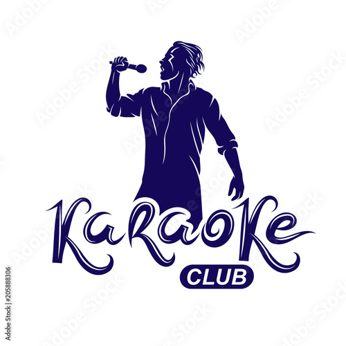 Man sings karaoke, karaoke club emcee show advertising vector emblem composed with microphone audio equipment and musical notes.