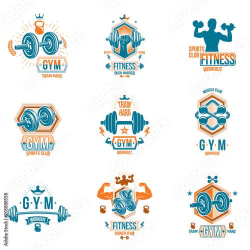 Set of vector cross fit and fitness theme emblems and motivational posters created with dumbbells, barbells, kettle bells sport equipment and muscular athlete body silhouettes.