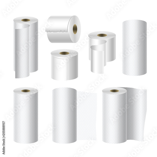 Realistic toilet and towel paper roll mock up set