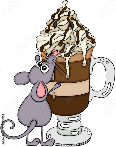 Cute mouse with a coffee cup cappuccino latte with cream

