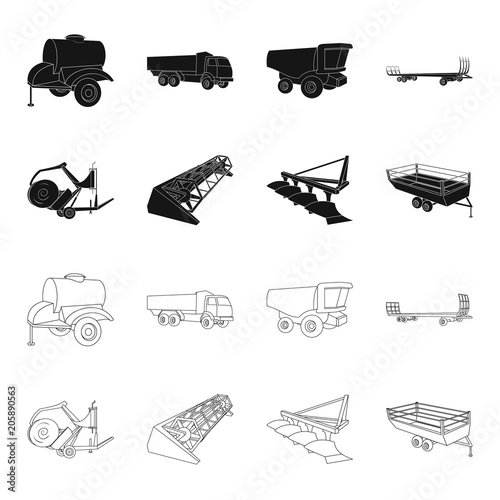 Plow, combine thresher, trailer and other agricultural devices. Agricultural machinery set collection icons in black,outline style vector symbol stock illustration web.
