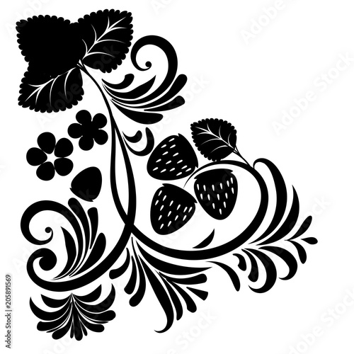 Floral ornament with strawberries silhouettes