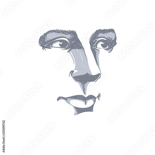Vector art drawing, portrait of gorgeous dreamy girl isolated on white. Facial expressions, people positive emotions. Caucasian melancholic woman, visage features.
