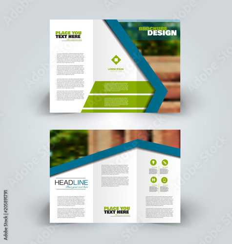 Brochure template. Business trifold flyer.  Creative design for professional corporate style. Vector illustration. Blue and green color.