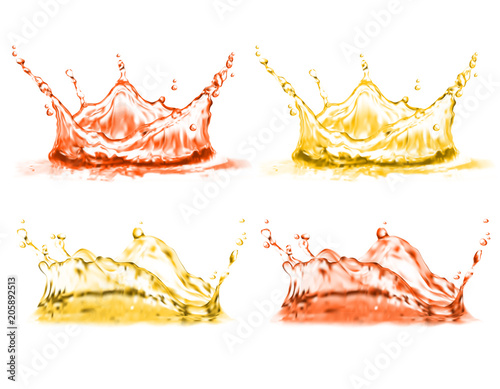 Vector 3d realistic set of splashes. Red, yellow juice of ripe fresh fruit isolated on white background. Drops splashing vitamin liquid. Elements for mock up, template or ad banners, poster.