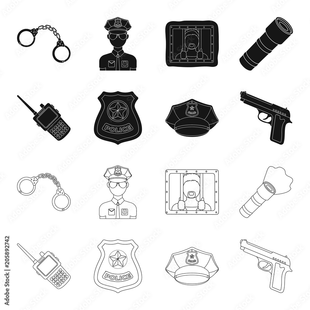 Radio, police officer badge, uniform cap, pistol.Police set collection  icons in black,outline style vector symbol stock illustration web. Stock  Vector | Adobe Stock