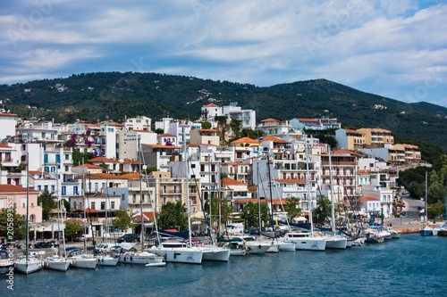 Cityscape of Skiathos town and harbor from the sea at morning in Greece © banepetkovic