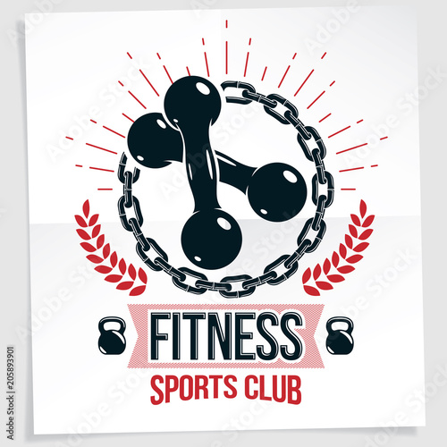 Cross fit motivation vector poster made using two dumbbells crossed and kettle bell sport fitness equipment.