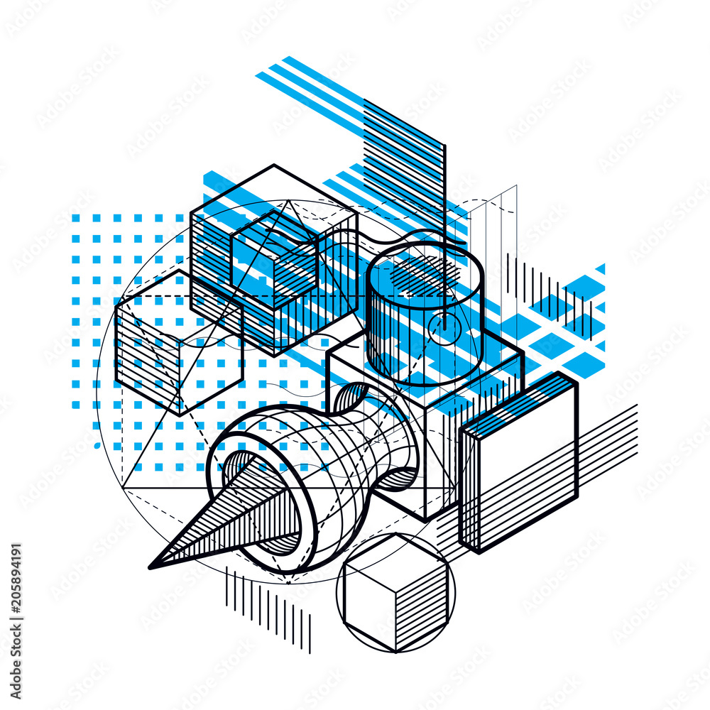 Abstract background with isometric elements, vector linear art with lines and shapes. Cubes, hexagons, squares, rectangles and different abstract elements.