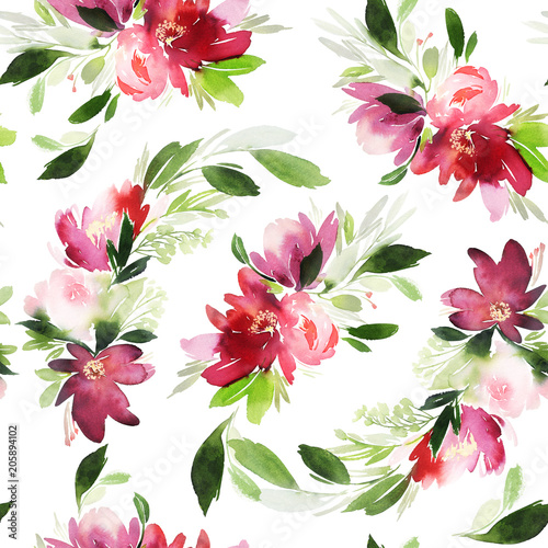 Seamless summer pattern with watercolor flowers handmade.