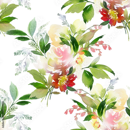 Seamless summer pattern with watercolor flowers handmade.