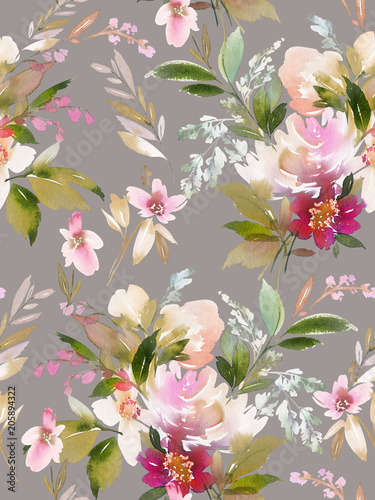Seamless summer pattern with watercolor flowers handmade.