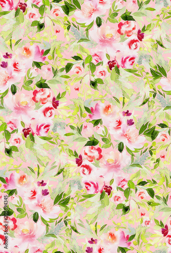 Seamless summer pattern with watercolor flowers handmade.