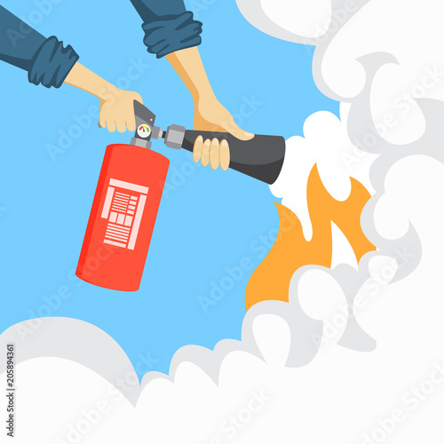 Hands with fire extinguisher.