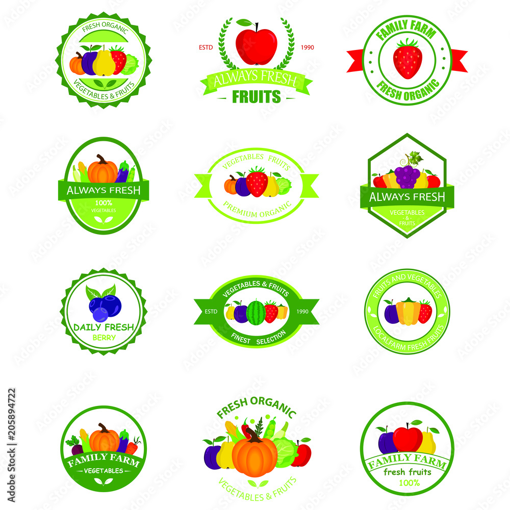 Organic farming products vector labels, emblems, badges, logos, stickers set. Organic food emblem and badge.