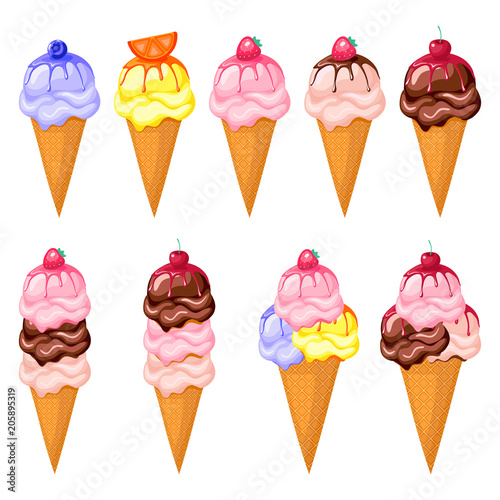 Multicolored fruit ice cream set on white background