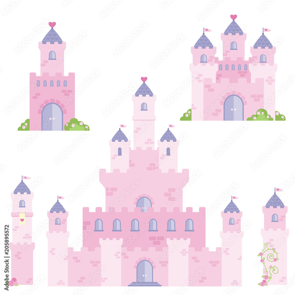 Beautiful Pink Fairy Tale Fantasy Castle Tower Design Set Flat Vector Illustration Isolated on White