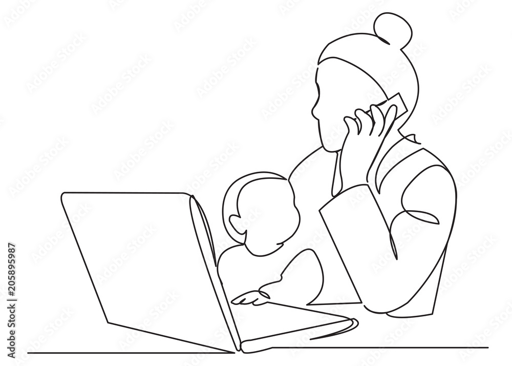 Mom with a baby in the arms at work Mom with a baby in the arms at work