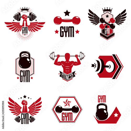 Fitness and heavyweight gym sport club logotype templates, retro style vector emblems set.