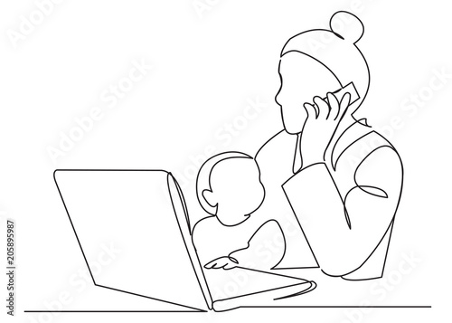 Mom with a baby in the arms at work