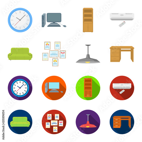Comfortable sofa, letters and diplomas within the framework, an office ceiling lamp, a desk with drawers. Office Furniture set collection icons in cartoon,flat style vector symbol stock illustration