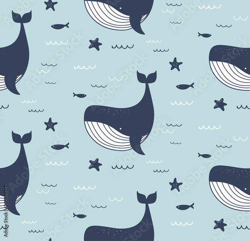 Sea life, whales, dolphins, seamless pattern