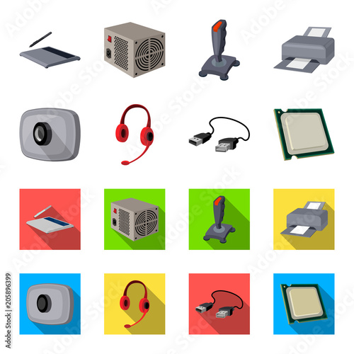 Webcam, headphones, USB cable, processor. Personal computer set collection icons in cartoon,flat style vector symbol stock illustration web.