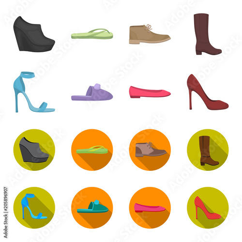 Blue high-heeled sandals, homemade lilac slippers with a pampon, pink women ballet flats, brown high-heeled shoes. Shoes set collection icons in cartoon,flat style vector symbol stock illustration web