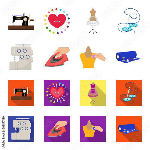 Electric sewing machine, iron for ironing, marking with chalk clothes, roll of fabric and other equipment. Sewing and equipment set collection icons in cartoon,flat style vector symbol stock