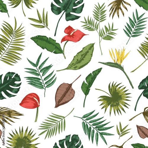 Gorgeous botanical seamless pattern with tropical foliage. Backdrop with leav...