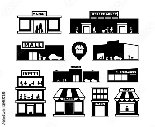 Shopping mall buildings icons. Store exteriors with people pictograms. Shop houses with shoppers vector symbols isolated