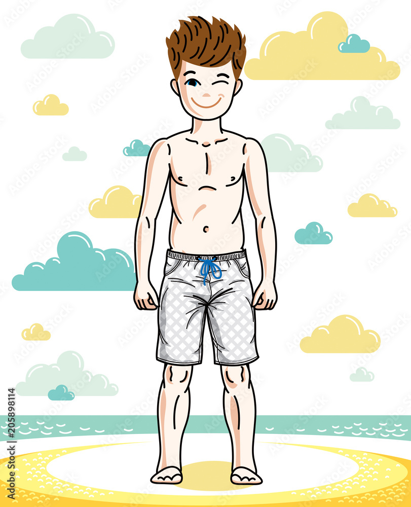 Young teen boy cute children standing wearing fashionable beach shorts. Vector human illustration. Fashion and lifestyle theme cartoon.