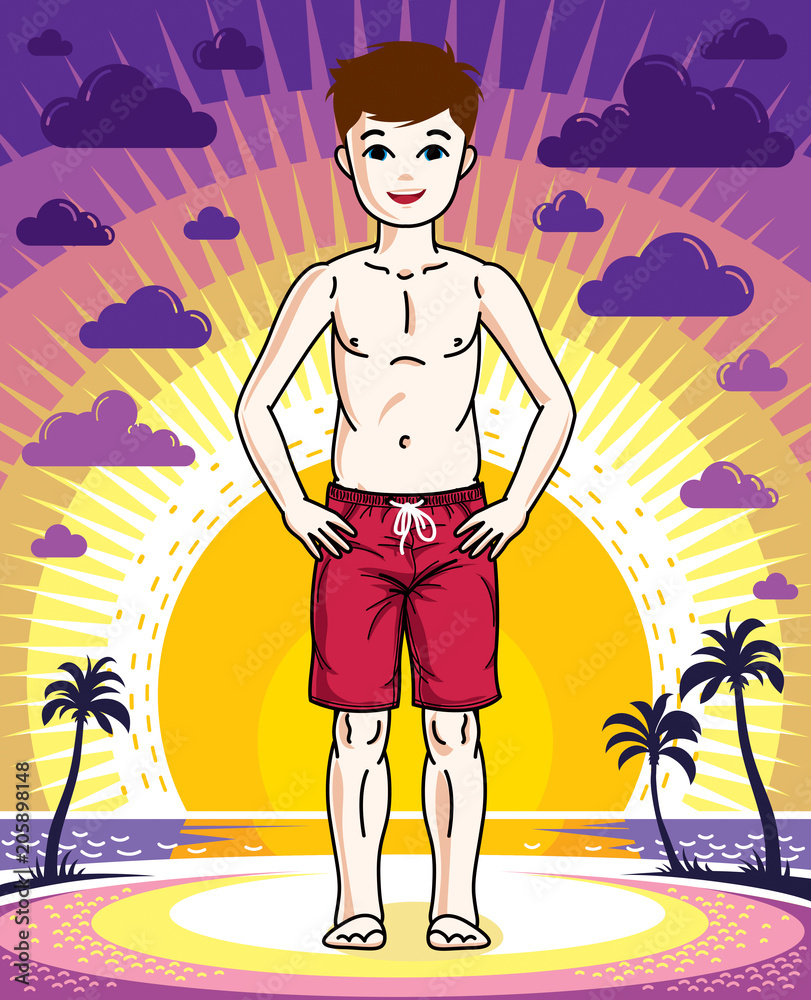 Cute happy young teen boy posing in red stylish beach shorts. Vector character. Fashion theme clipart.