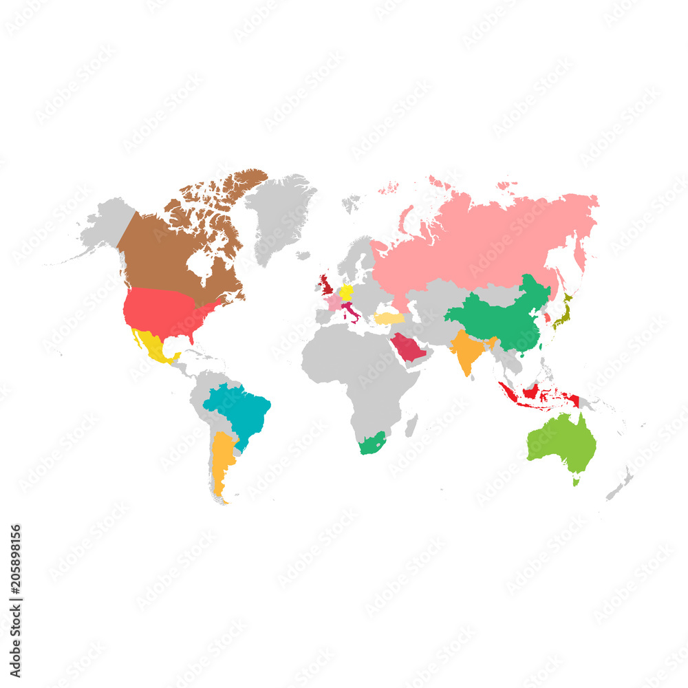 Group of Twenty countries on world map vector template. G20 infographic design illustration