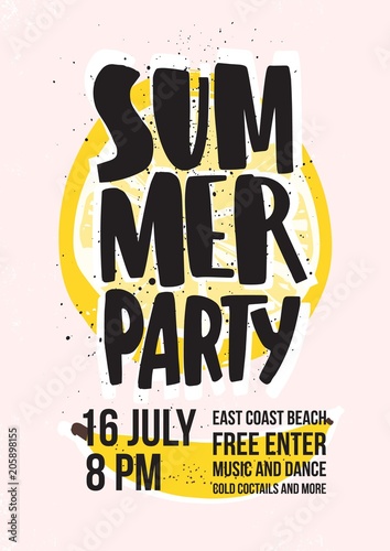 Summer beach party invitation or poster template with lettering handwritten a...