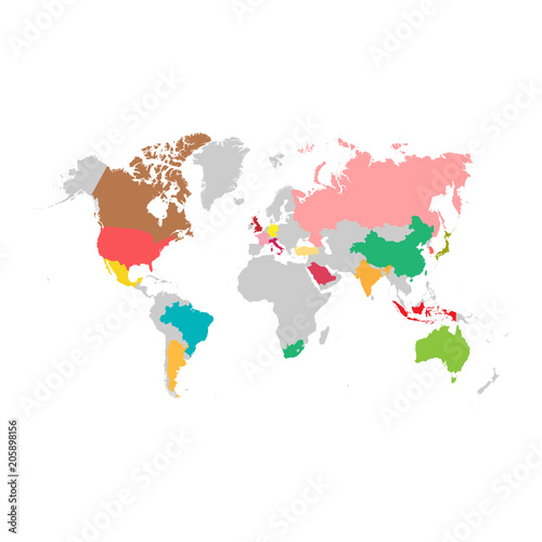 Group of Twenty countries on world map vector template. G20 infographic design illustration
