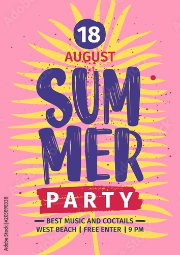 Summer beach party invitation or poster template with lettering handwritten a...
