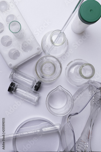 Various laboratory glassware in chemical labarotory on the white background photo