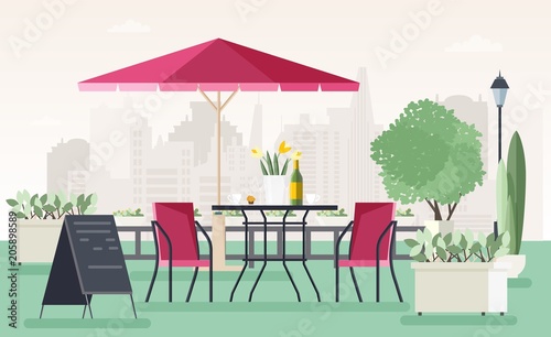 Sidewalk cafe or restaurant with table, chairs, umbrella, potted plants and welcome board standing on street against city buildings on background. Colored vector illustration in cartoon flat style.