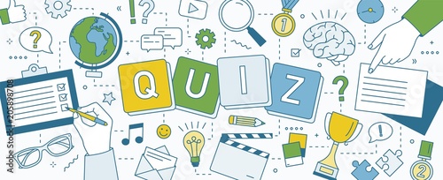 Horizontal banner with hands of people solving puzzles, playing intellectual game and answering smart quiz questions. Test of intelligence or intellect. Colorful vector illustration in line art style.