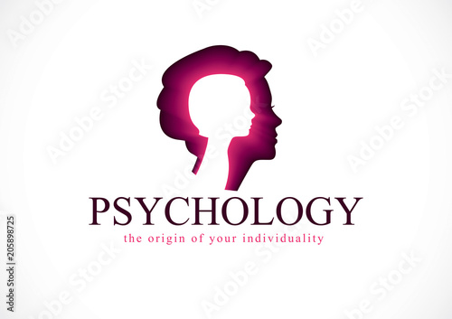 Psychology vector logo created with woman head profile and little child girl inside, inner child concept, origin of human individuality and psychic problems. Psychotherapy and psychoanalysis concept.