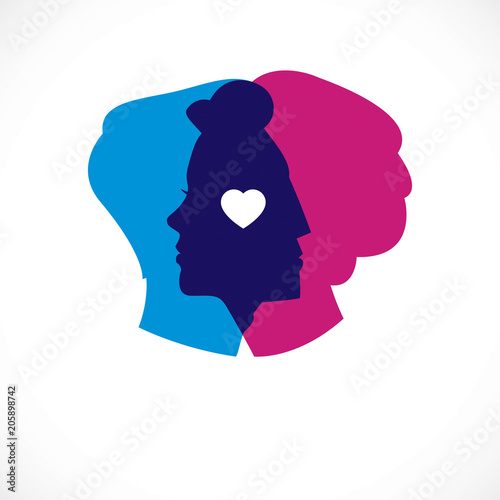 Relationship psychology concept created with man and woman heads profiles, vector logo or symbol of gender problems and conflicts in family, close relations and society. Classic style simple design.