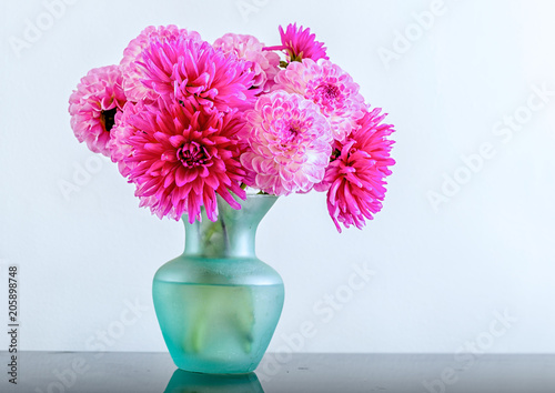 Fototapeta Naklejka Na Ścianę i Meble -  A mixture of pink dahlias in a turquoise vase.
