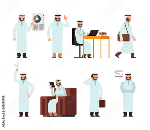 Arabic man in traditional islamic saudi ethnic clothes in different business situations. Arab vector characters set isolated