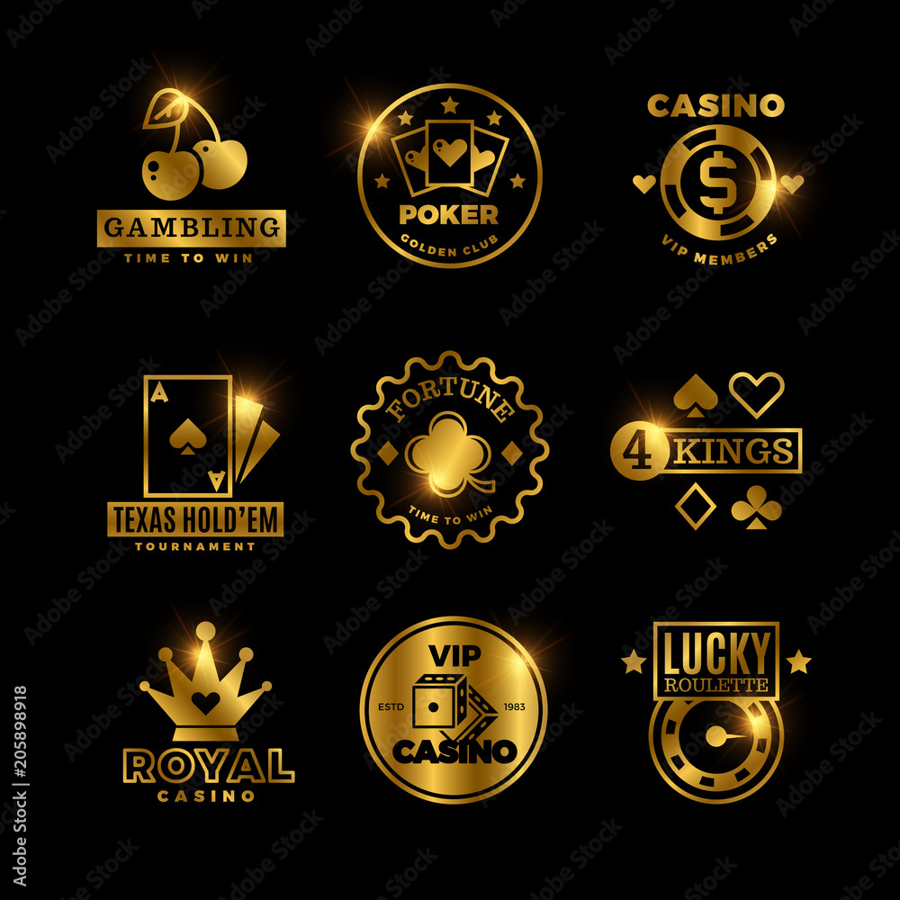 Golden gambling, casino, poker royal tournament, roulette vector labels, emblems, logos and badges
