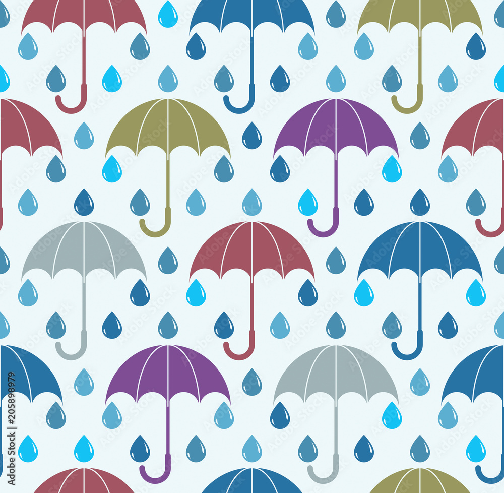 Falling rain drops and umbrellas water vector seamless pattern, weather and nature theme blue colored repeat endless background, dew water dripping.