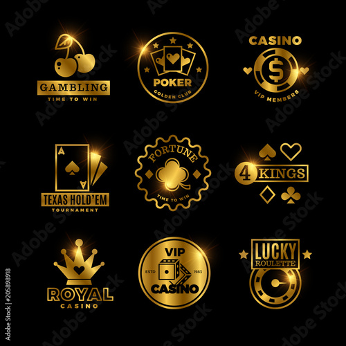 Golden gambling, casino, poker royal tournament, roulette vector labels, emblems, logos and badges