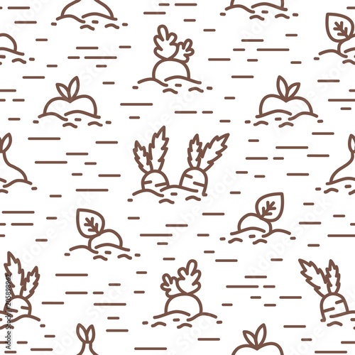 Creative seamless pattern with cultivated vegetables or root crops growing in...
